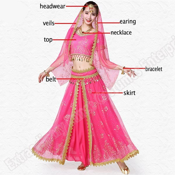 New Women Indian Belly Dance Costume Set Dance Sari Outfit Bollywood Stage Performance Chiffon Top Belt Skirt