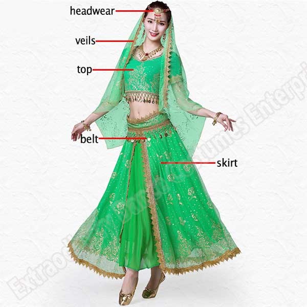 New Women Indian Belly Dance Costume Set Dance Sari Outfit Bollywood Stage Performance Chiffon Top Belt Skirt