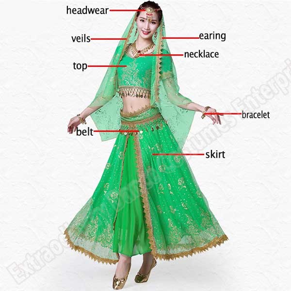New Women Indian Belly Dance Costume Set Dance Sari Outfit Bollywood Stage Performance Chiffon Top Belt Skirt