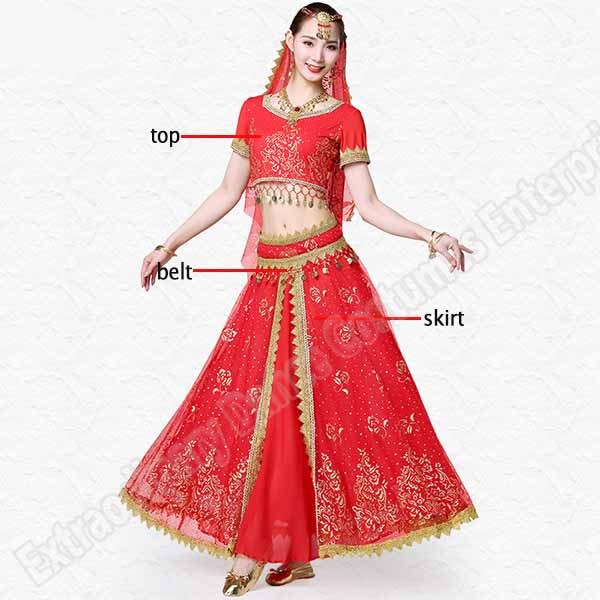 New Women Indian Belly Dance Costume Set Dance Sari Outfit Bollywood Stage Performance Chiffon Top Belt Skirt