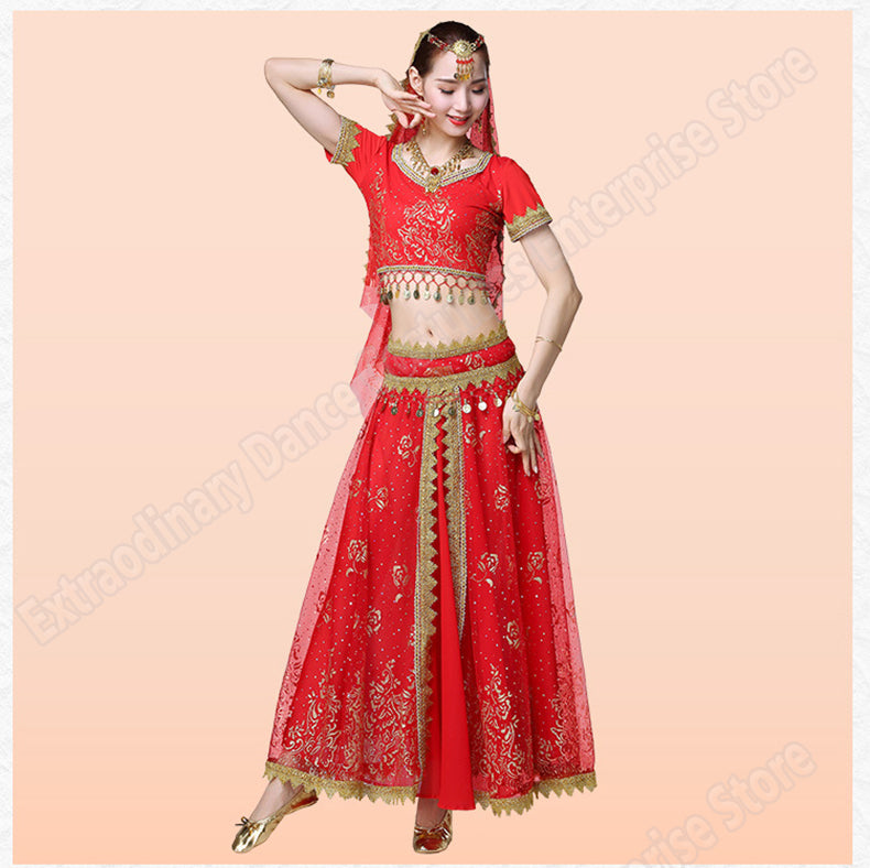 New Women Indian Belly Dance Costume Set Dance Sari Outfit Bollywood Stage Performance Chiffon Top Belt Skirt