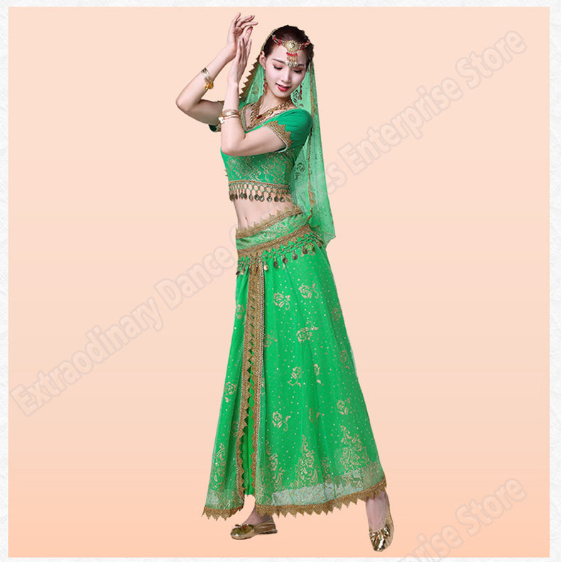 New Women Indian Belly Dance Costume Set Dance Sari Outfit Bollywood Stage Performance Chiffon Top Belt Skirt