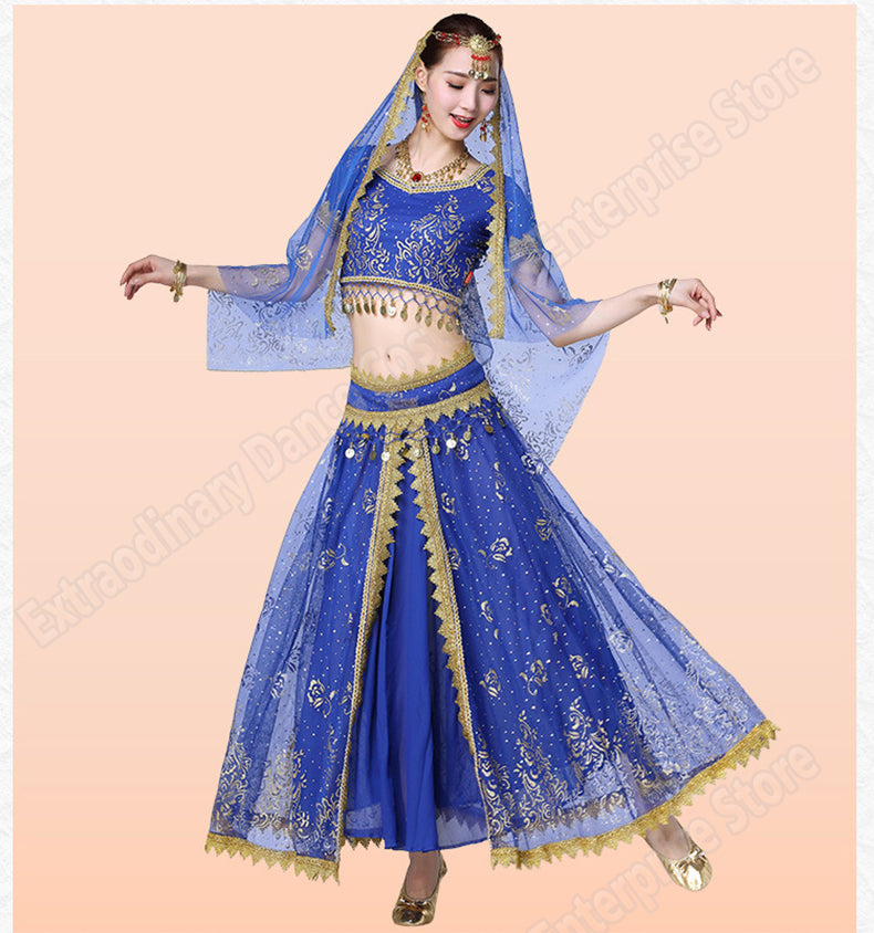 New Women Indian Belly Dance Costume Set Dance Sari Outfit Bollywood Stage Performance Chiffon Top Belt Skirt