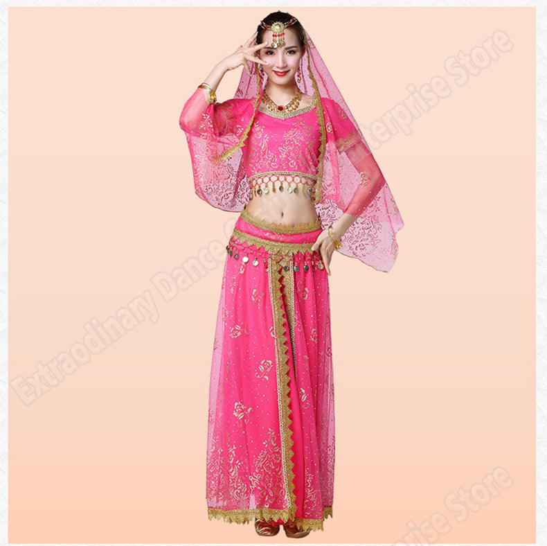 New Women Indian Belly Dance Costume Set Dance Sari Outfit Bollywood Stage Performance Chiffon Top Belt Skirt