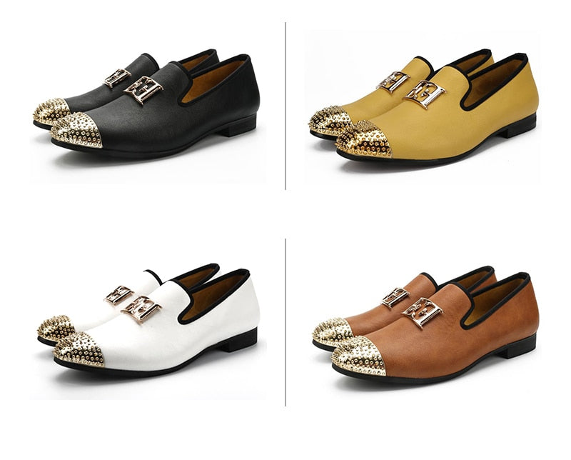 Men Leather Big Size Fashion men Casual Shoes Design Bright Face Buckle and Gold Metal Toe Men Driving Shoes Part Flats