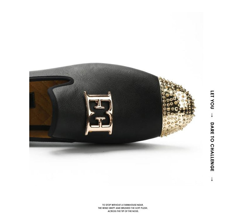 Men Leather Big Size Fashion men Casual Shoes Design Bright Face Buckle and Gold Metal Toe Men Driving Shoes Part Flats