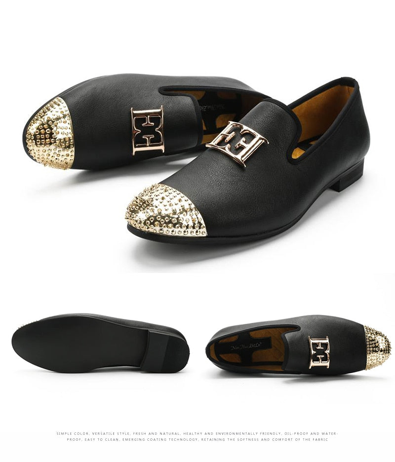 Men Leather Big Size Fashion men Casual Shoes Design Bright Face Buckle and Gold Metal Toe Men Driving Shoes Part Flats