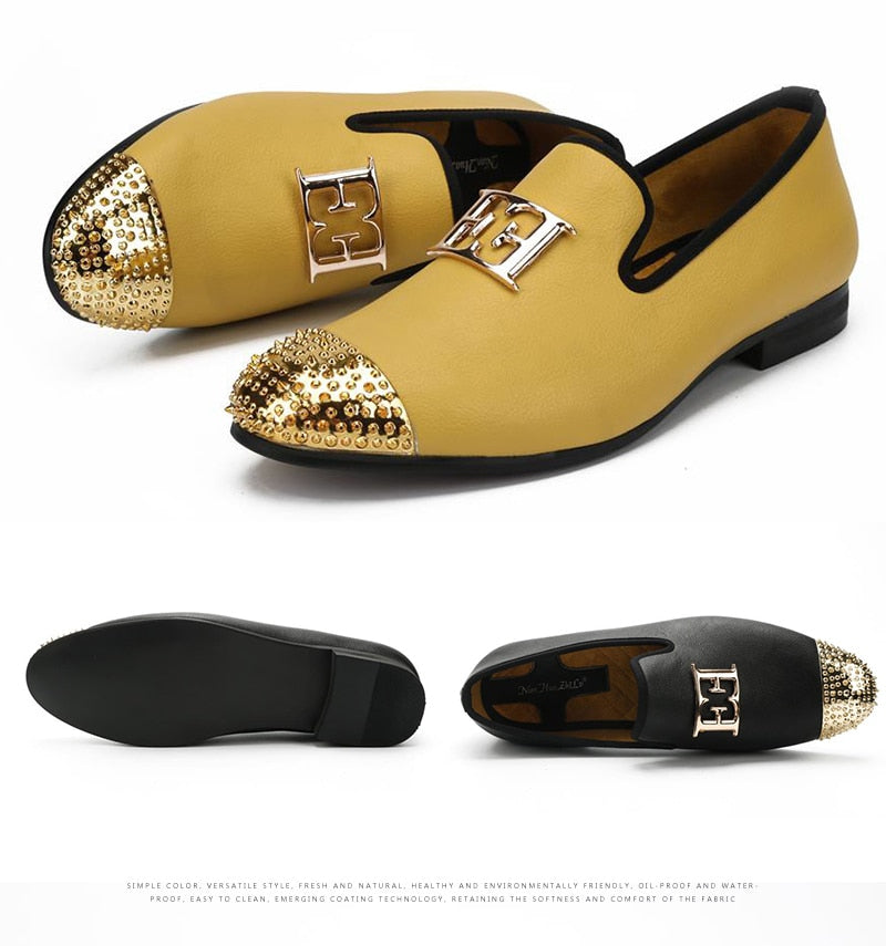 Men Leather Big Size Fashion men Casual Shoes Design Bright Face Buckle and Gold Metal Toe Men Driving Shoes Part Flats