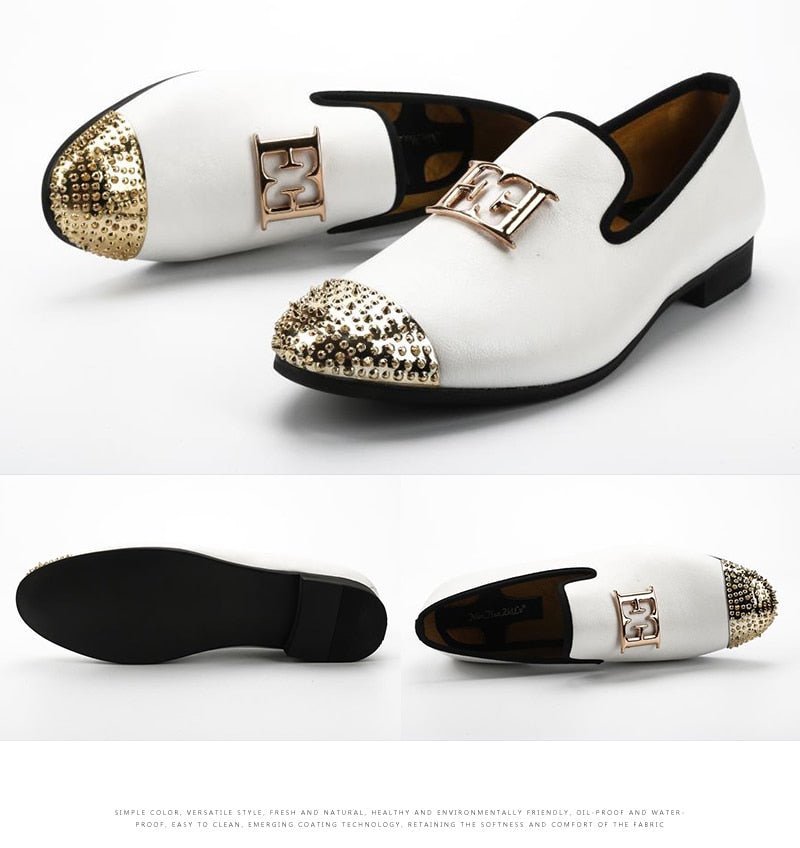 Men Leather Big Size Fashion men Casual Shoes Design Bright Face Buckle and Gold Metal Toe Men Driving Shoes Part Flats