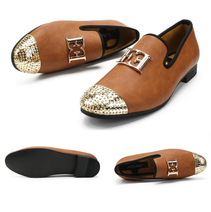 Men Leather Big Size Fashion men Casual Shoes Design Bright Face Buckle and Gold Metal Toe Men Driving Shoes Part Flats