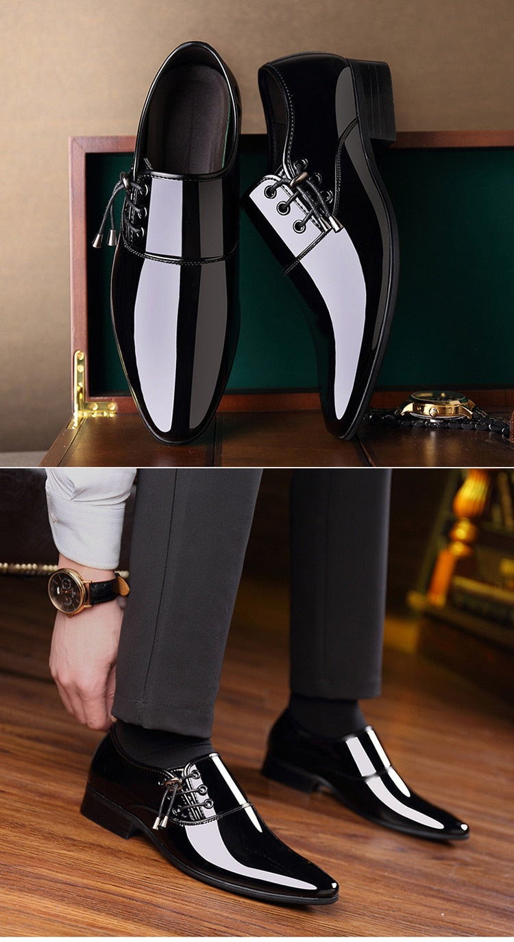 luxury Brand Men Classic Pointed Toe Dress Shoes Men's Slip-on Patent Leather Black Wedding Shoes Mens Oxford Formal Shoes