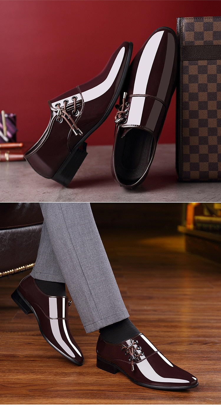 luxury Brand Men Classic Pointed Toe Dress Shoes Men's Slip-on Patent Leather Black Wedding Shoes Mens Oxford Formal Shoes