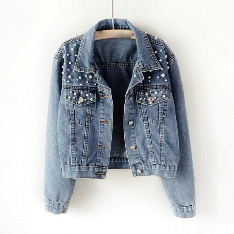 Bomber Denim Coat Autumn Plus Size Pearl Beaded Short Denim Jackets Women S-5XL Long Sleeve Vintage Casual Jean Jacket Coat