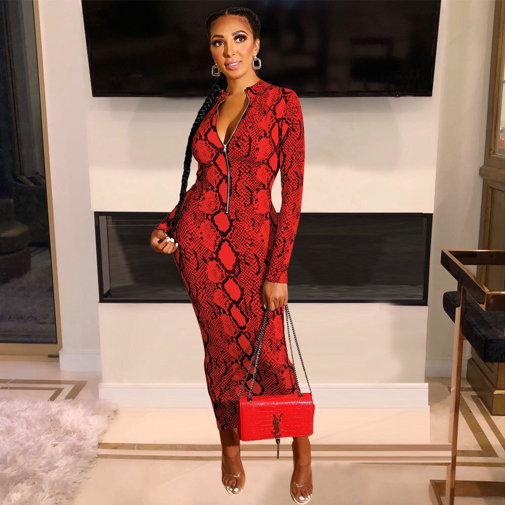 Echoine Sexy Snake Print Bodycon Long Dress Long Sleeve Zipper Women Autumn Evening Party Night Dress
