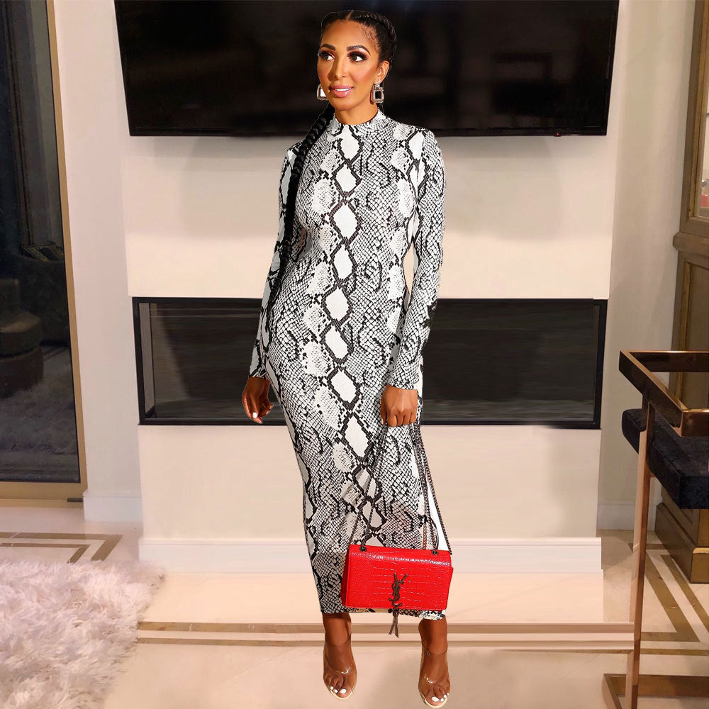 Echoine Sexy Snake Print Bodycon Long Dress Long Sleeve Zipper Women Autumn Evening Party Night Dress