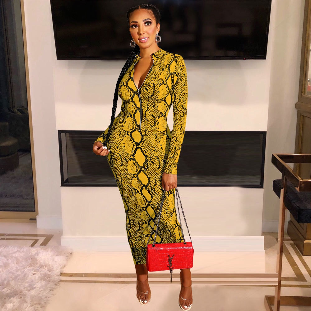 Echoine Sexy Snake Print Bodycon Long Dress Long Sleeve Zipper Women Autumn Evening Party Night Dress