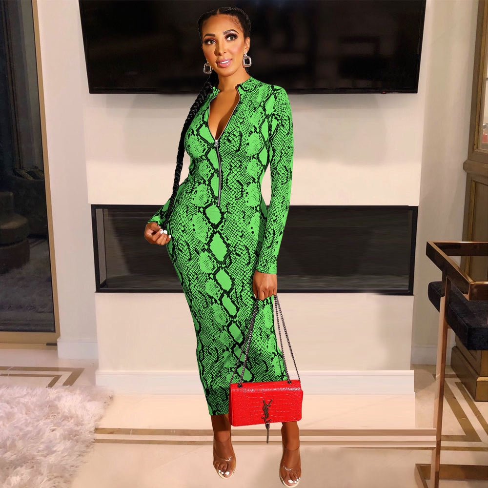 Echoine Sexy Snake Print Bodycon Long Dress Long Sleeve Zipper Women Autumn Evening Party Night Dress