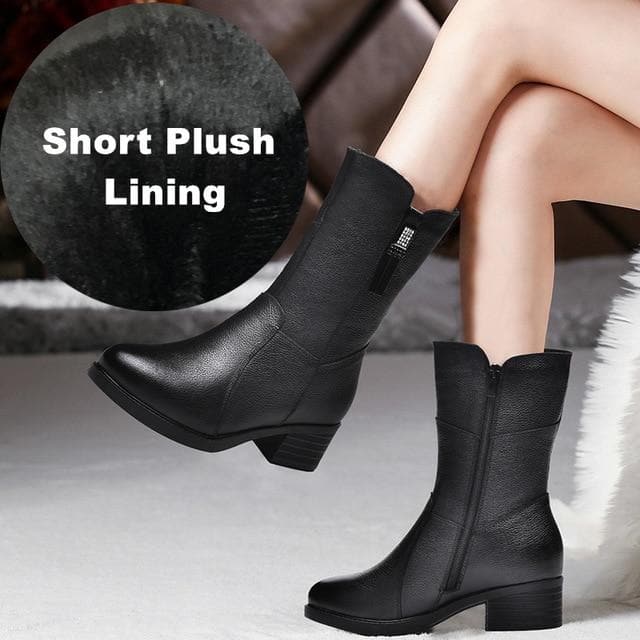 Genuine Leather Mid Calf Zipper Boots