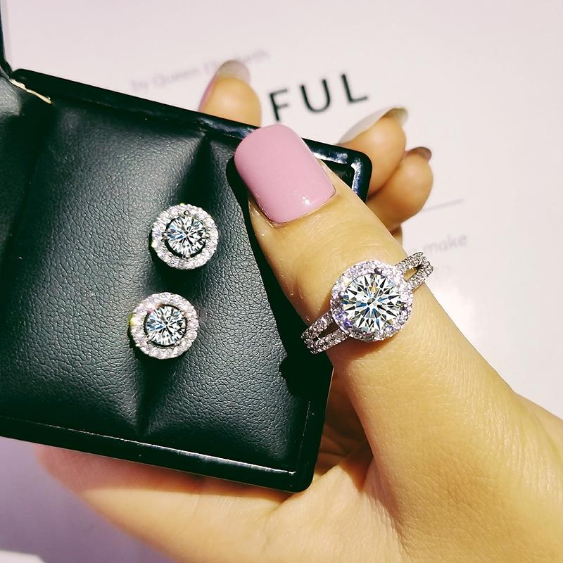 925 Sterling Silver Jewelry set halo Engagement ring round stud earring for Wedding Valentine's Day gift party J4931