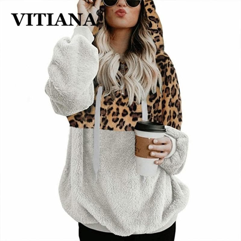 VITIANA Teddy Hoodies Sweatshirt Women Autumn Female Long Sleeve Fleece Leopard Sort Warm Casual Hooded Femme Winter Cloth
