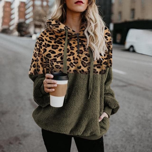 VITIANA Teddy Hoodies Sweatshirt Women Autumn Female Long Sleeve Fleece Leopard Sort Warm Casual Hooded Femme Winter Cloth