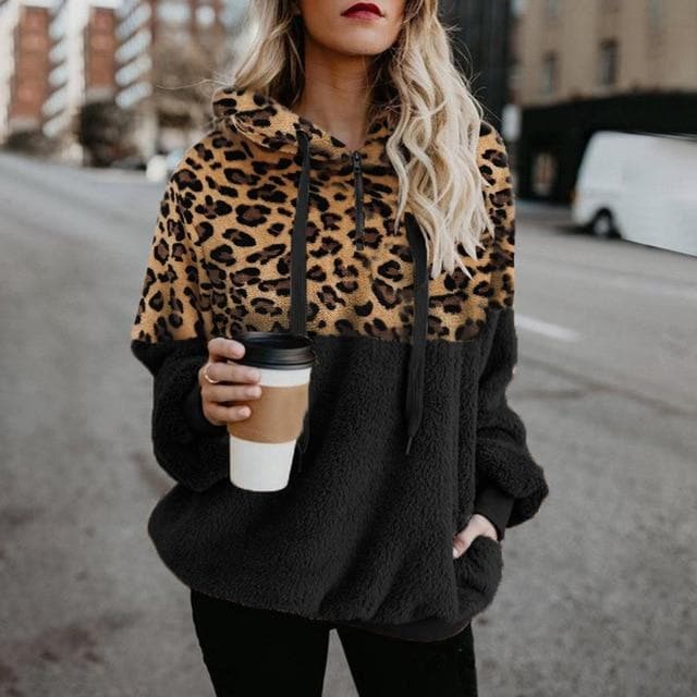 VITIANA Teddy Hoodies Sweatshirt Women Autumn Female Long Sleeve Fleece Leopard Sort Warm Casual Hooded Femme Winter Cloth