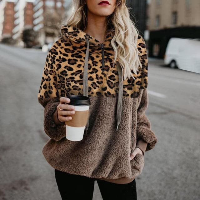 VITIANA Teddy Hoodies Sweatshirt Women Autumn Female Long Sleeve Fleece Leopard Sort Warm Casual Hooded Femme Winter Cloth