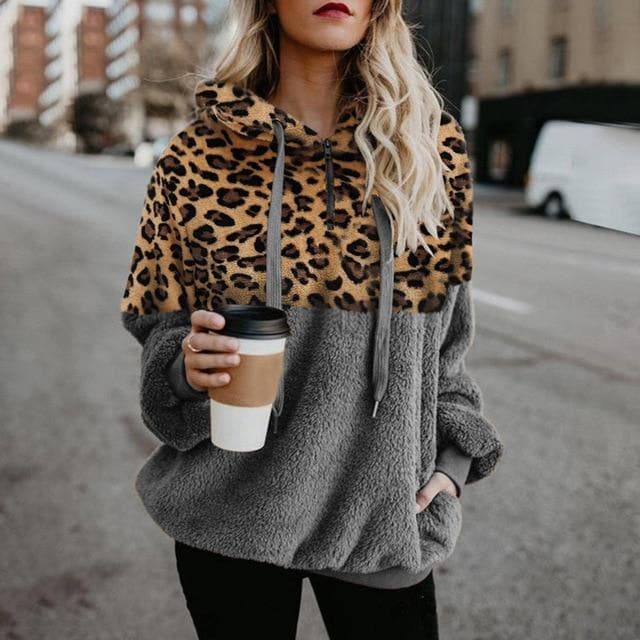 VITIANA Teddy Hoodies Sweatshirt Women Autumn Female Long Sleeve Fleece Leopard Sort Warm Casual Hooded Femme Winter Cloth