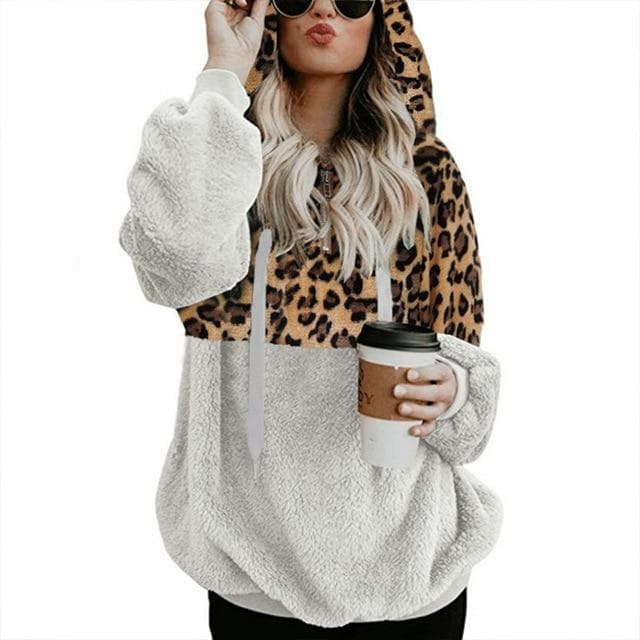 VITIANA Teddy Hoodies Sweatshirt Women Autumn Female Long Sleeve Fleece Leopard Sort Warm Casual Hooded Femme Winter Cloth