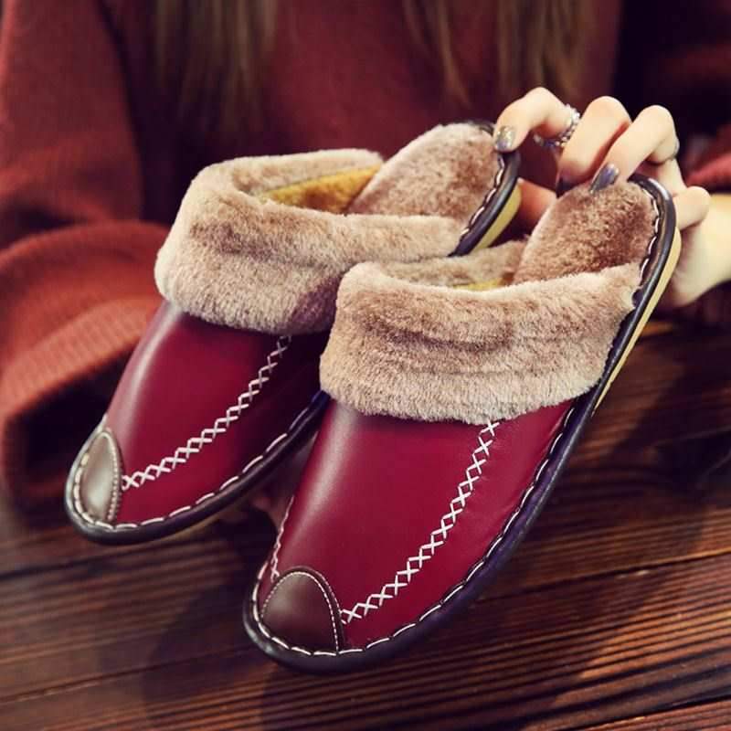 Winter Women Slippers Genuine Leather Home House Indoor Non-Slip Thermal Shoes Men New Warm Furry Slippers Plus Size