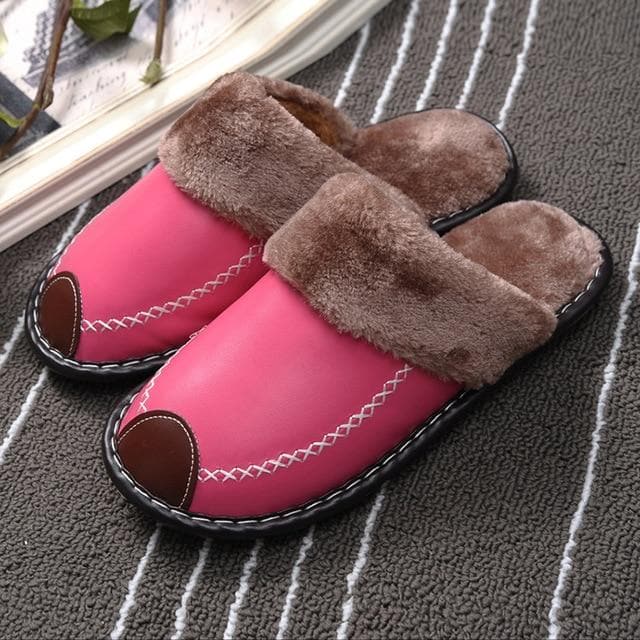 Winter Women Slippers Genuine Leather Home House Indoor Non-Slip Thermal Shoes Men New Warm Furry Slippers Plus Size