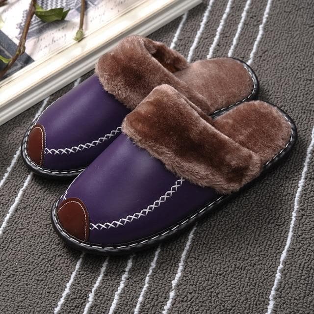 Winter Women Slippers Genuine Leather Home House Indoor Non-Slip Thermal Shoes Men New Warm Furry Slippers Plus Size