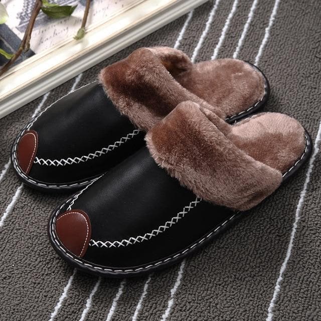 Winter Women Slippers Genuine Leather Home House Indoor Non-Slip Thermal Shoes Men New Warm Furry Slippers Plus Size