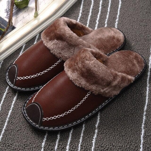 Winter Women Slippers Genuine Leather Home House Indoor Non-Slip Thermal Shoes Men New Warm Furry Slippers Plus Size