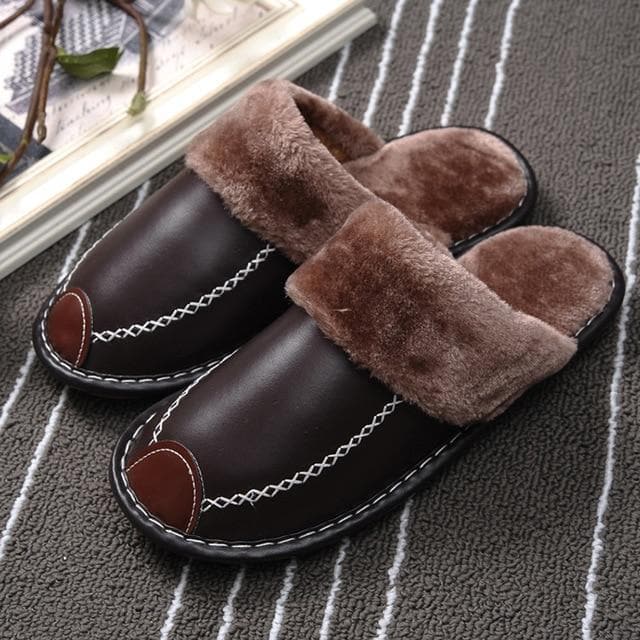 Winter Women Slippers Genuine Leather Home House Indoor Non-Slip Thermal Shoes Men New Warm Furry Slippers Plus Size