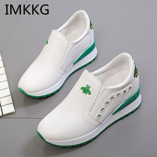Casual High Heels Breathable Women Sneakers PU Round Toe Embroider Platform Wedges Tenis Feminino Female Vulcanize A00087