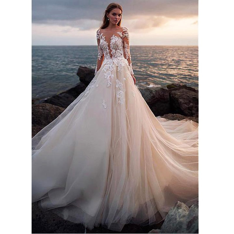 Country Boho Wedding Dress Illusion Long Sleeves Backless Lace Ball Gown Wedding Gowns Boho Bridal Dress Robe De Mariage