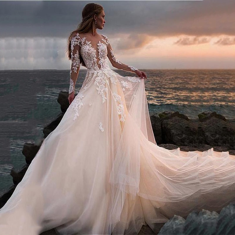 Country Boho Wedding Dress Illusion Long Sleeves Backless Lace Ball Gown Wedding Gowns Boho Bridal Dress Robe De Mariage