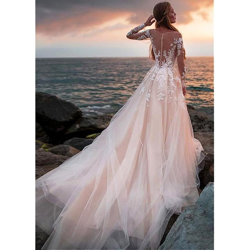 Country Boho Wedding Dress Illusion Long Sleeves Backless Lace Ball Gown Wedding Gowns Boho Bridal Dress Robe De Mariage