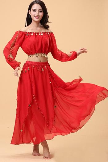 2pieces Suit Bollywood Belly Dance Costume Set Indian Dance Sari Bellydance Skirt Suit Women Chiffon 2pcs (Top Skirt)