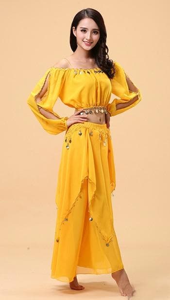 2pieces Suit Bollywood Belly Dance Costume Set Indian Dance Sari Bellydance Skirt Suit Women Chiffon 2pcs (Top Skirt)