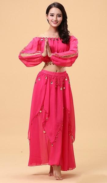 2pieces Suit Bollywood Belly Dance Costume Set Indian Dance Sari Bellydance Skirt Suit Women Chiffon 2pcs (Top Skirt)