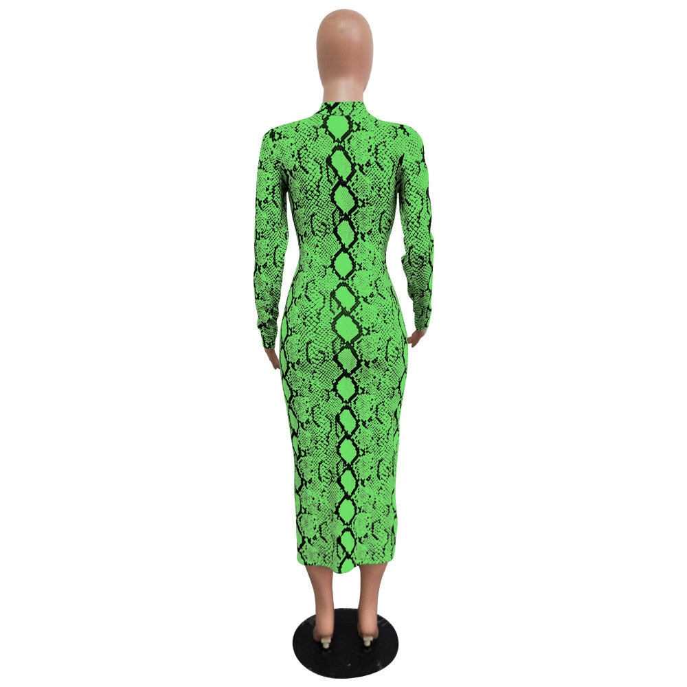Echoine Sexy Snake Print Bodycon Long Dress Long Sleeve Zipper Women Autumn Evening Party Night Dress