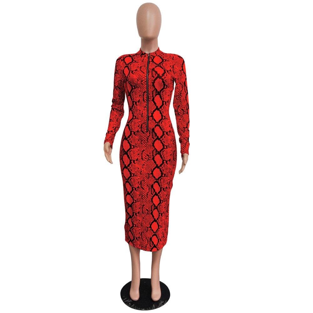 Echoine Sexy Snake Print Bodycon Long Dress Long Sleeve Zipper Women Autumn Evening Party Night Dress