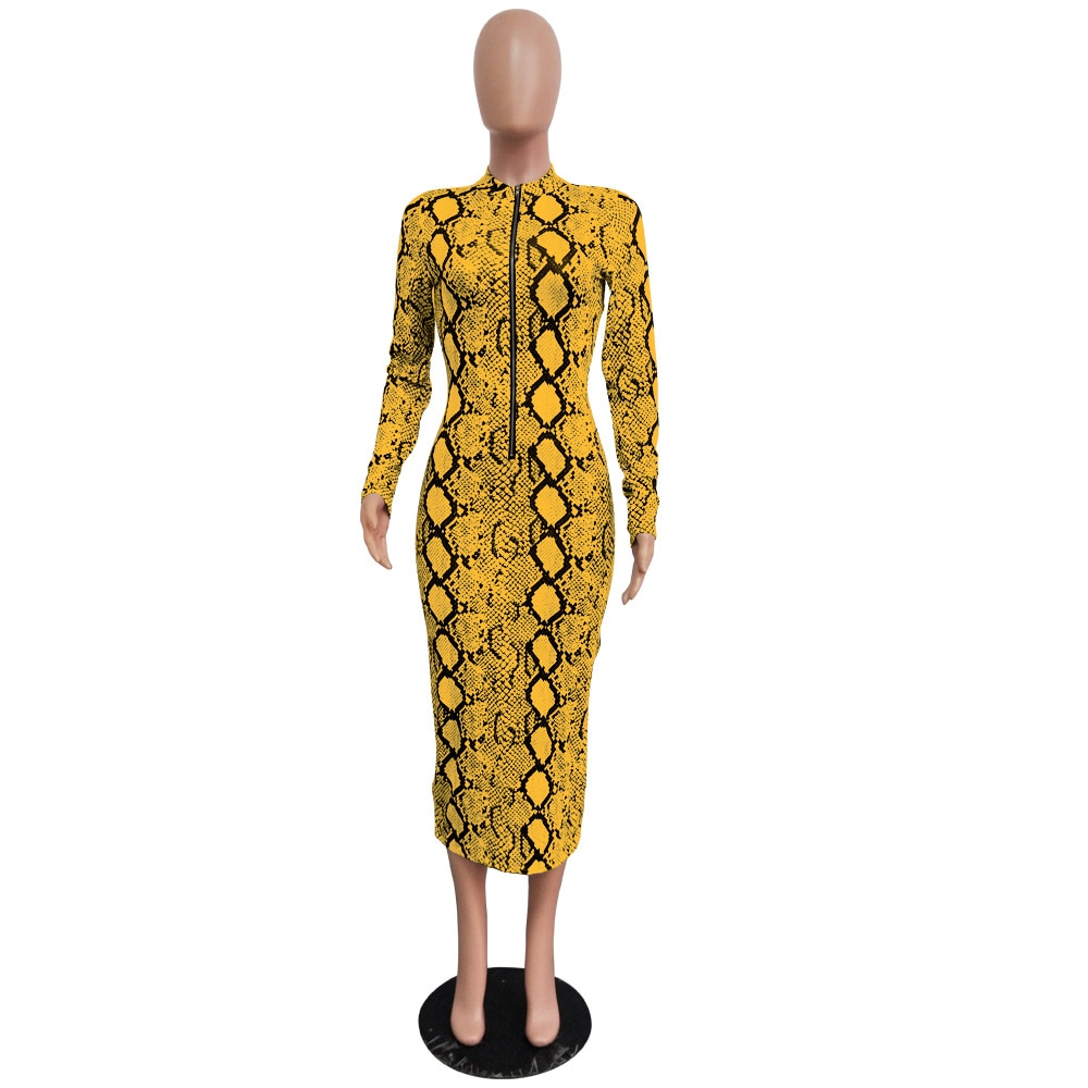 Echoine Sexy Snake Print Bodycon Long Dress Long Sleeve Zipper Women Autumn Evening Party Night Dress