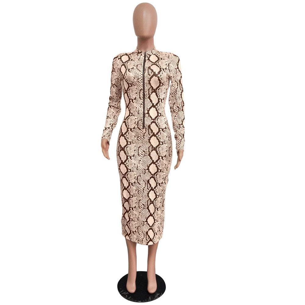 Echoine Sexy Snake Print Bodycon Long Dress Long Sleeve Zipper Women Autumn Evening Party Night Dress