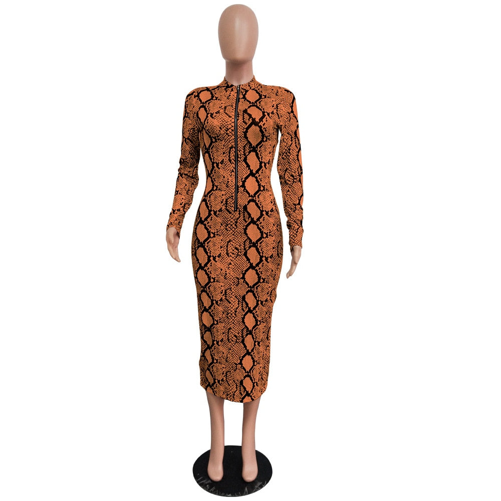 Echoine Sexy Snake Print Bodycon Long Dress Long Sleeve Zipper Women Autumn Evening Party Night Dress