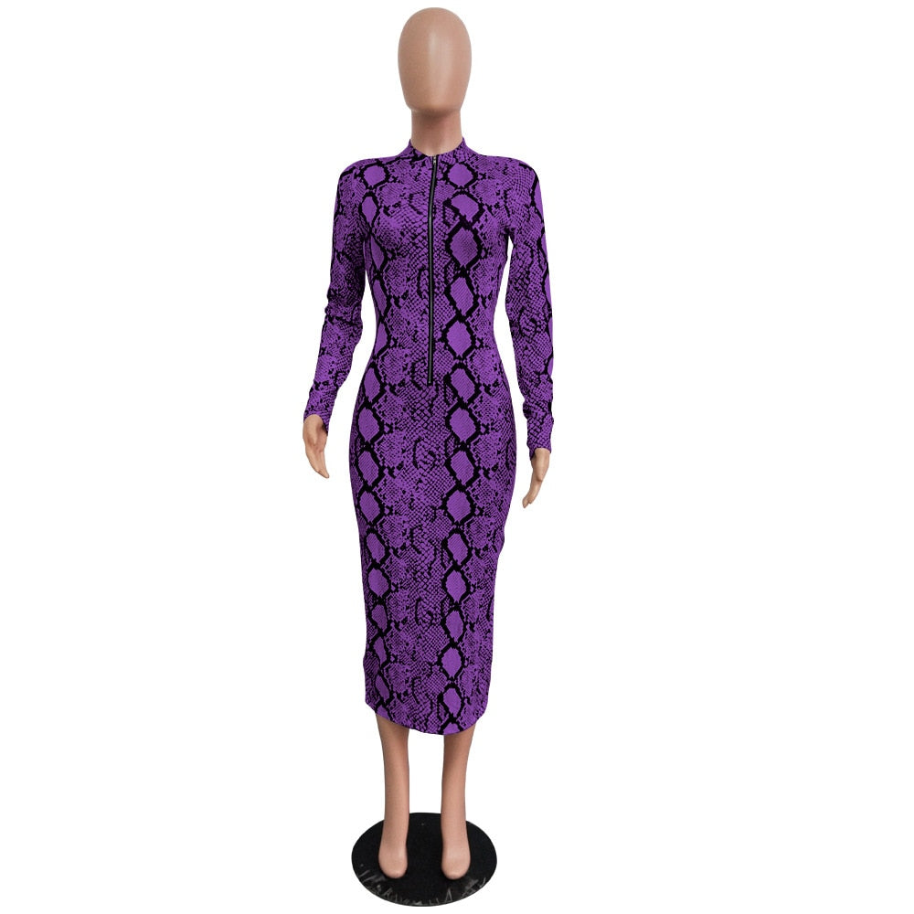 Echoine Sexy Snake Print Bodycon Long Dress Long Sleeve Zipper Women Autumn Evening Party Night Dress