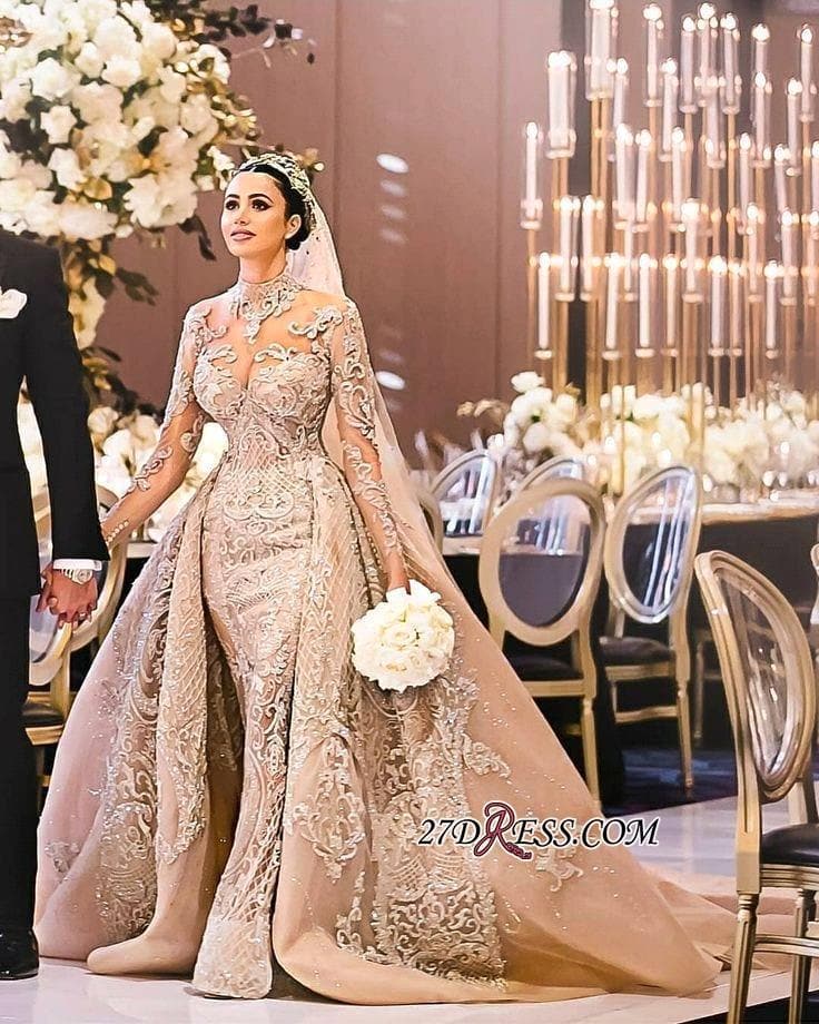 Premium Collections - Luxury Long Sleeves Ball Gown Wedding Dresses High Neck Wedding Gowns with Over Skirt