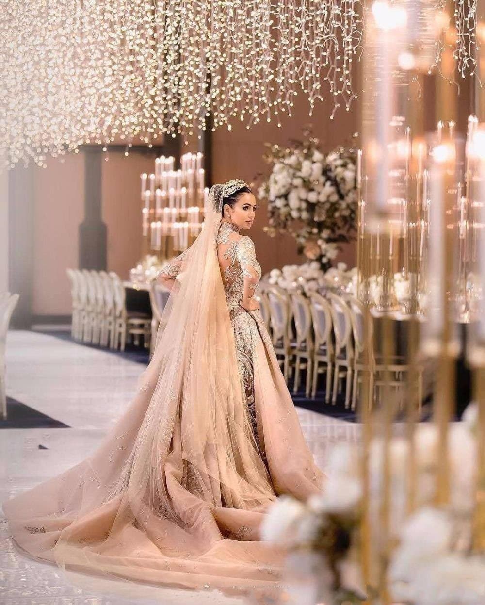 Premium Collections - Luxury Long Sleeves Ball Gown Wedding Dresses High Neck Wedding Gowns with Over Skirt